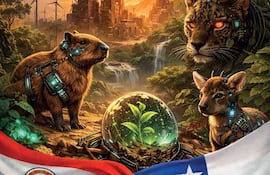 Diseño gráfico con capibara y felinos futuristas en un paisaje postapocalíptico con elementos tecnológicos y banderas de Paraguay y Chile.