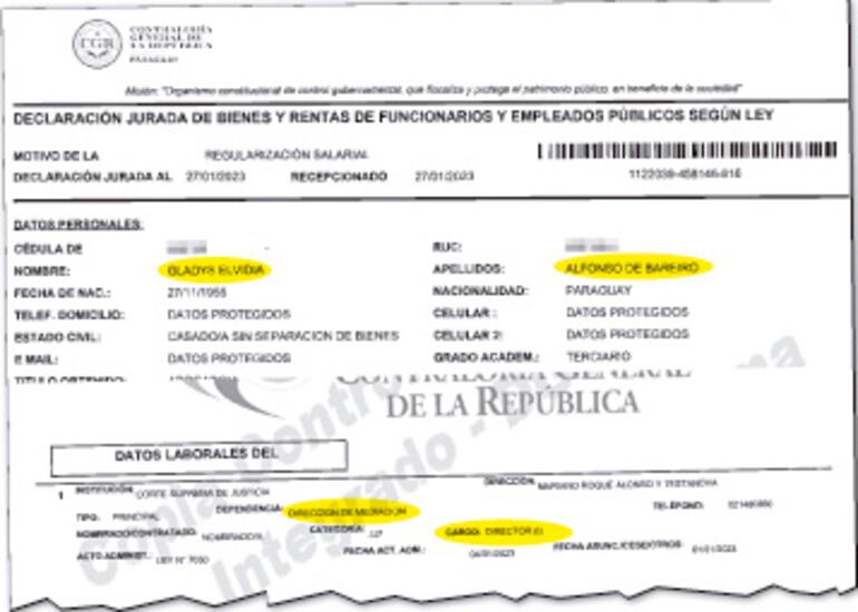 Última actualización de DD.JJ. de Alfonso de Bareiro en la cual consigna su cargo de directora de Mediación del Poder Judicial.