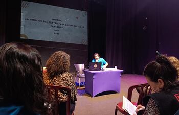 Martín Pizzichini durante la socialización del informe sobre "La situación del teatro para las infancias en Paraguay", que fue presentado en la Sala La Correa.