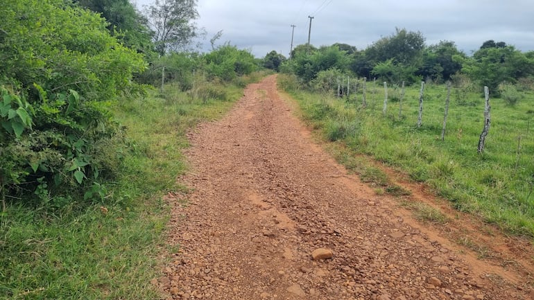 Camino de tierra en la comunidad de Chako’i, rodeado de vegetación y con cielo nublado.