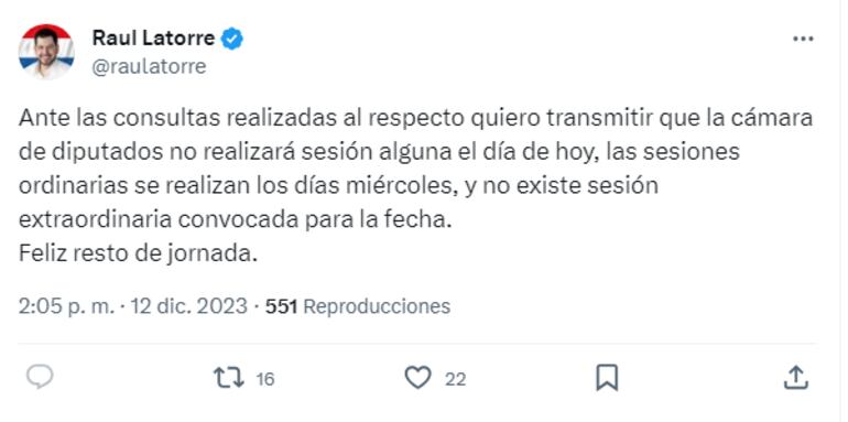 Raúl Latorre afirma que no se convocará a una sesión de la Cámara de Diputados este martes para tratar la ley de Superintendencia de Pensiones y Jubilaciones.