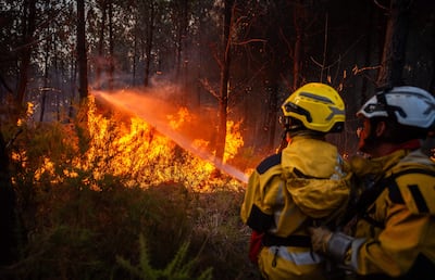 Bomberos trabajando para contener un gran incendio forestal cerca de Saumos, departamento de Gironda.