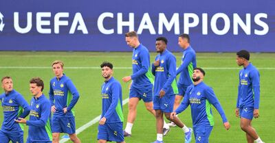 Turin (Italy), 16/09/2024.- PSV players warm up during a training session at Allianz stadium in Turin, Italy, 16 September 2024. PSV will face Juventus in their first match of the UEFA Champions League 2024-25 season on 17 September 2024. (Liga de Campeones, Italia) EFE/EPA/ALESSANDRO DI MARCO
