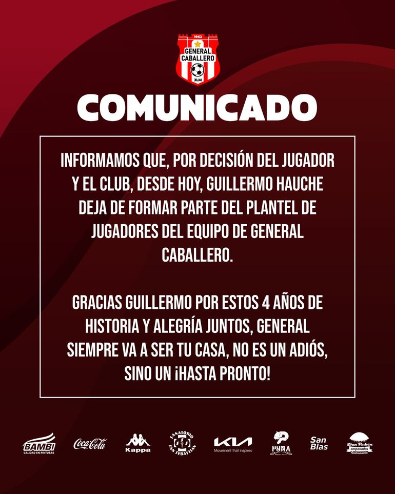 El anuncio de la salida de Guillermo Hauche.