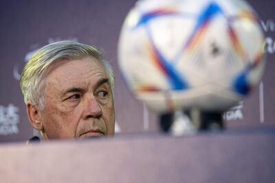 El entrenador del Real Madrid, Carlo Ancelotti, durante la rueda de prensa, este viernes en el estadio Moulay Abdellah de Rabat, en la víspera de la final del Mundial de Clubes.