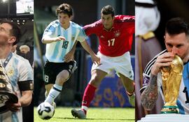 Combo de fotografías de archivo que muestra de izquierda a derecha al jugador argentino Lionel Messi levantando la Copa América 2021 en el estadio Maracaná, jugando un partido en el Mundial Sub 20 en Holanda y besando la Copa Mundial de Fútbol de Qatar 2022. Tras 20 años de su debut en la selección argentina, Messi llega a su último partido oficial en casa -este jueves ante Venezuela por la penúltima fecha de las eliminatorias suramericanas del Mundial 2026- como líder absoluto de todas las estadísticas: nadie como él jugó tantos partidos, marcó tantos goles ni brindó tantas asistencias en la Albiceleste.
