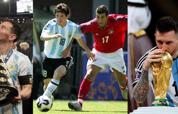 Combo de fotografías de archivo que muestra de izquierda a derecha al jugador argentino Lionel Messi levantando la Copa América 2021 en el estadio Maracaná, jugando un partido en el Mundial Sub 20 en Holanda y besando la Copa Mundial de Fútbol de Qatar 2022. Tras 20 años de su debut en la selección argentina, Messi llega a su último partido oficial en casa -este jueves ante Venezuela por la penúltima fecha de las eliminatorias suramericanas del Mundial 2026- como líder absoluto de todas las estadísticas: nadie como él jugó tantos partidos, marcó tantos goles ni brindó tantas asistencias en la Albiceleste.