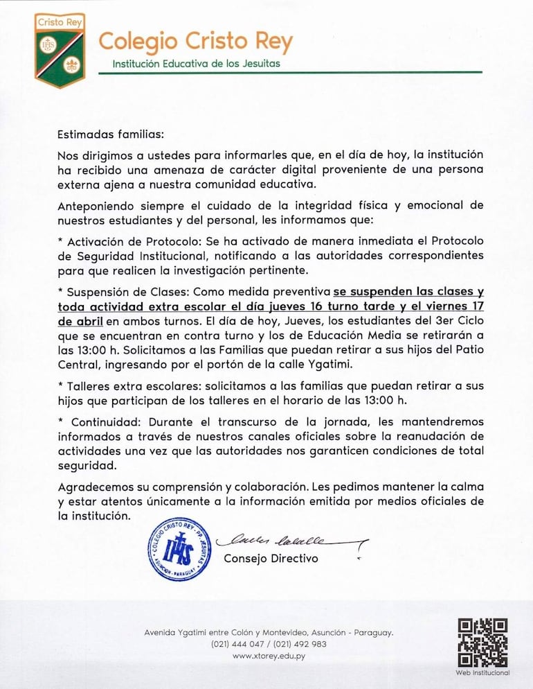 Comunicado oficial del Colegio Cristo Rey con información sobre amenaza digital y suspensión de clases, sin presencia de personas.