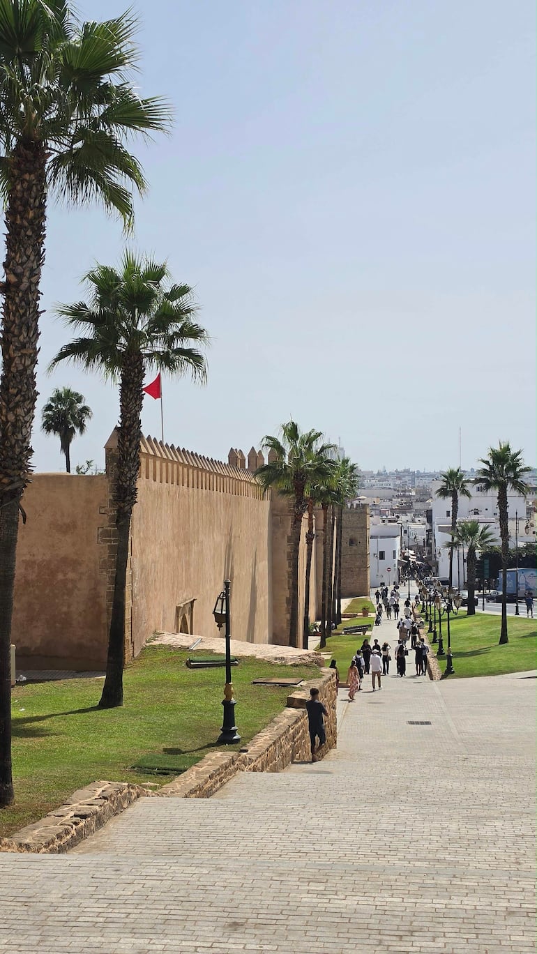 Grupo de diez personas camina por un paisaje urbano en Rabat, con palmeras y una bandera roja de fondo.