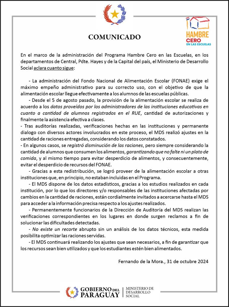 El comunicado del MDS sobre el recorte de raciones de alimentos en Itá.