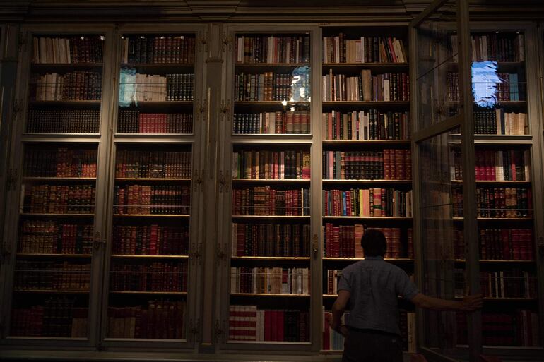 Juan Moreno, bibliotecaria de la Real Maestranza de Caballería, posa en la biblioteca. 