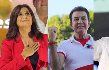 Combo de fotografías de archivo que muestra a los candidatos a la Presidencia de Honduras, la oficialista de izquierda Rixi Moncada (i) y los derechistas Salvador Nasralla (c) y Nasry Asfura en actos de campaña en Tegucigalpa (Honduras). Moncada, Nasralla y Asfura encabezan la carrera para suceder a la presidenta Xiomara Castro en Honduras, un pulso que ganó tensión tras el llamado del presidente de EE.UU., Donald Trump, a apoyar a Asfura frente a los "comunistas" y sus aliados. EFE/ Gustavo Amador ARCHIVO
