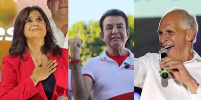 Combo de fotografías de archivo que muestra a los candidatos a la Presidencia de Honduras, la oficialista de izquierda Rixi Moncada (i) y los derechistas Salvador Nasralla (c) y Nasry Asfura en actos de campaña en Tegucigalpa (Honduras). Moncada, Nasralla y Asfura encabezan la carrera para suceder a la presidenta Xiomara Castro en Honduras, un pulso que ganó tensión tras el llamado del presidente de EE.UU., Donald Trump, a apoyar a Asfura frente a los "comunistas" y sus aliados. EFE/ Gustavo Amador ARCHIVO
