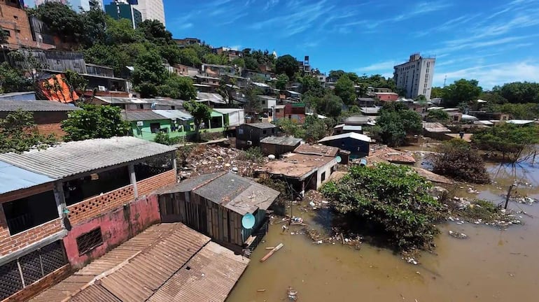 Casas de material precario inundadas, rodeadas de vegetación y restos de ramas en la ladera de un barrio informal.