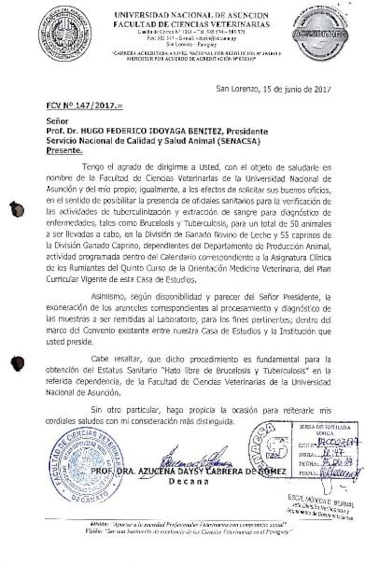Pedido de la Facultad de Veterinaria al Senacsa.