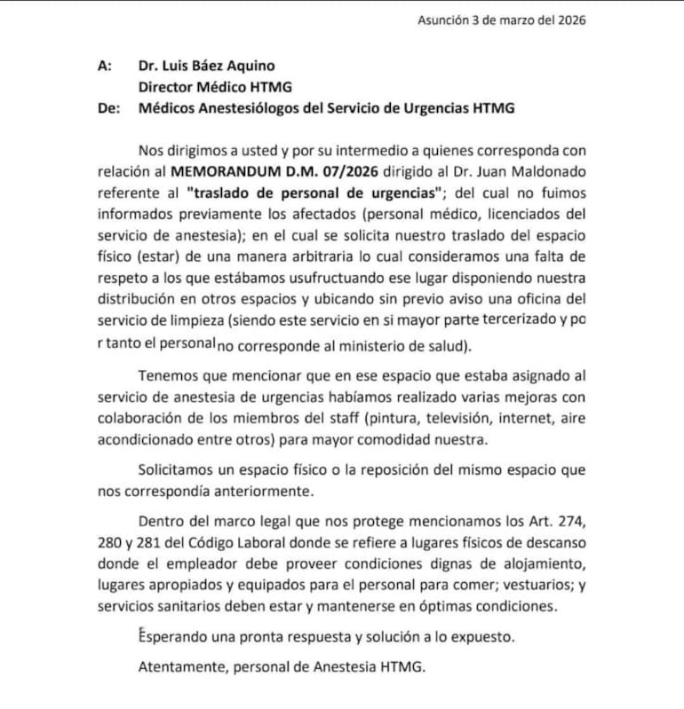 Nota enviada por los médicos a las autoridades del Hospital de Trauma.