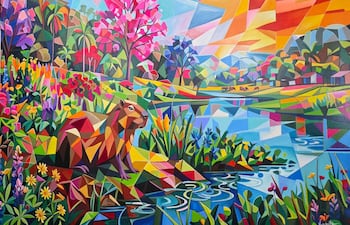 Obra abstracta con carpincho sobre roca, vegetación vibrante y paisaje de montañas al atardecer.