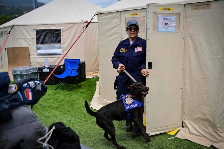 Silvya Arango, del equipo Rescue Florida Task Force 2, pasea a su labrador retriever Sisu, que participó en las labores de rescate, en un campamento en Maiquetía, estado de La Guaira, Venezuela, el 4 de julio de 2026, diez días después de los terremotos gemelos.