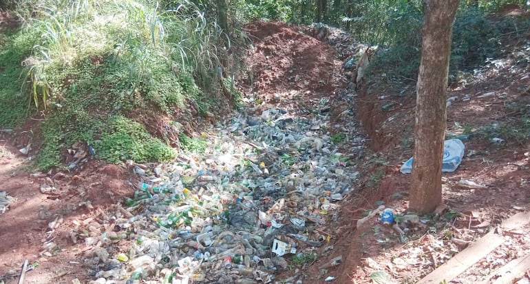 Basura plástica acumulada en un área boscosa en Laguna Blanca, rodeada de árboles y vegetación.