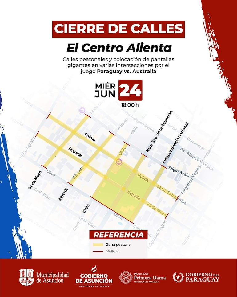 Cartel informativo sobre cierre de calles en Asunción, con texto relacionado al evento deportivo Paraguay vs. Australia.