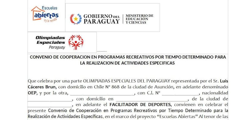 Documento del convenio firmado por Luis Cáceres Brun de Olimpiadas Especiales del Paraguay, y los facilitadores de Escuelas Abiertas.