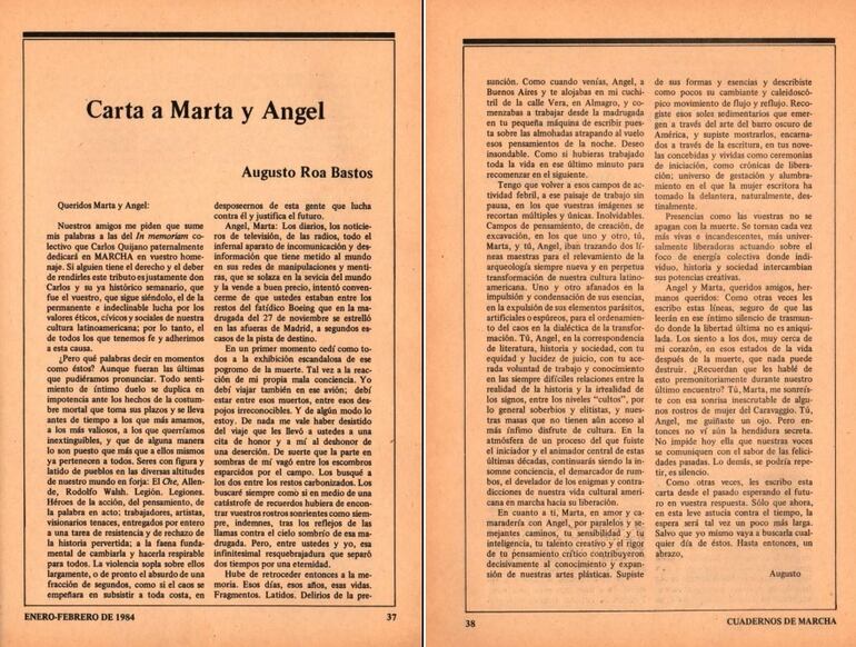 Augusto Roa Bastos: "Carta a Marta y Ángel". Revista "Cuadernos de Marcha", año V, nº 25. México, enero-febrero de 1984.