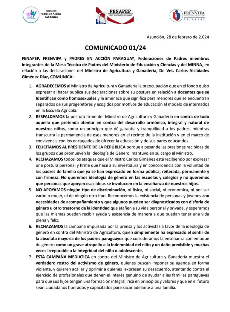 Comunicado de las federaciones de padres que respaldan expresiones homofóbicas de ministro del MAG Carlos Giménez.