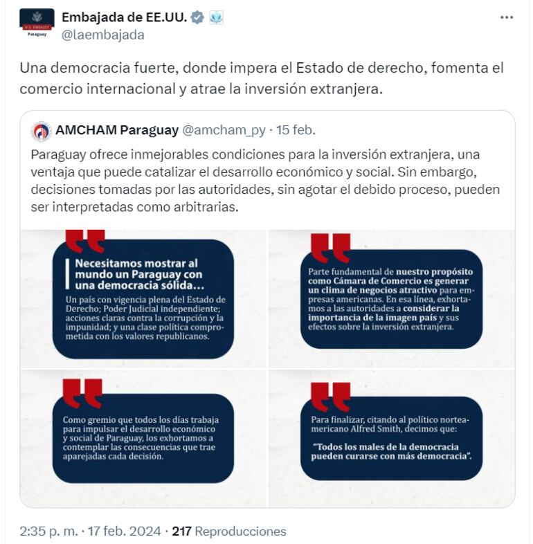 Tweet de la Embajada de Estados Unidos.