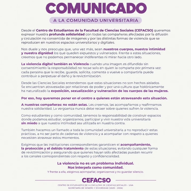 Comunicado del Centro de Estudiantes de la Facultad de Ciencias Sociales (CEFACSO).