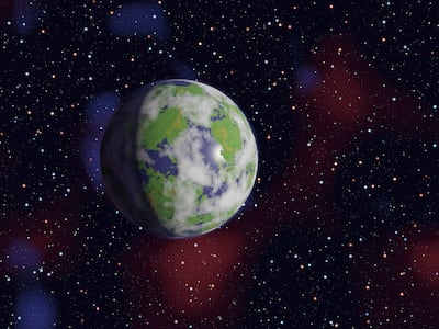 Gráfico 3D de un planeta similar a la Tierra con mares, tierra, nubes y atmósfera contra estrellas y nebulosas. Imagen ilustrativa.