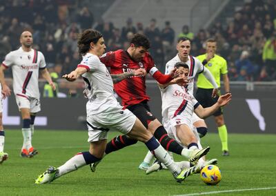 Milan (Italy), 27/01/2024.- AC Milan'Äôs Theo Hernandez (C) during the Italian Serie A soccer match between AC Milan and Bologna at Giuseppe Meazza stadium in Milan, Italy, 27 January 2024. (Italia) EFE/EPA/MATTEO BAZZI