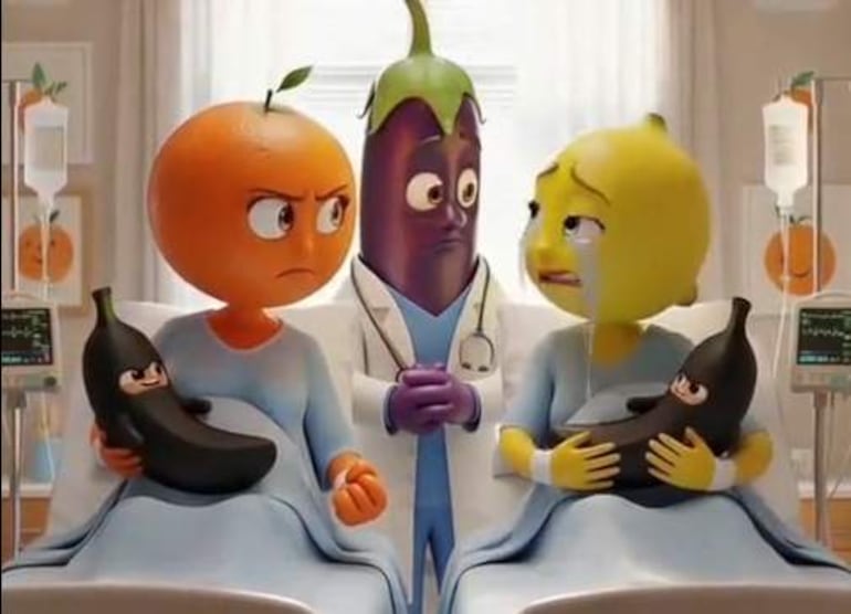 Personajes frutales naranja y limón con expresiones tensas, en ambiente médico junto a un doctor berenjena que media la discusión.