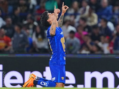 El paraguayo Robert Morales, futbolista de Pumas, celebra un gol en el partido frente a Toluca por la fecha 9 del torneo Clausura 2026 de la LigaMX en el estadio Olímpico Universitario, en Ciudad de México, México.