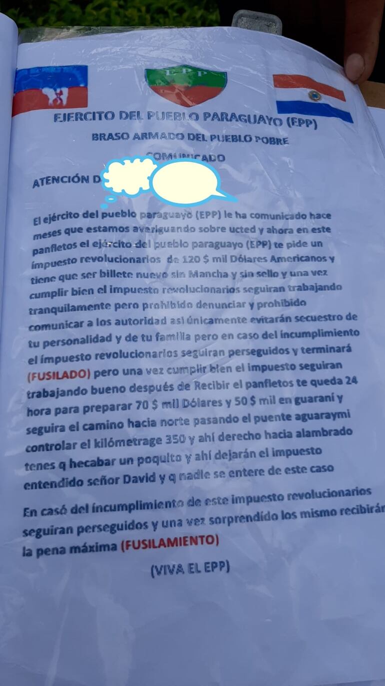 Panfleto entregado por los extorsionadores que se hacían pasar por el EPP.