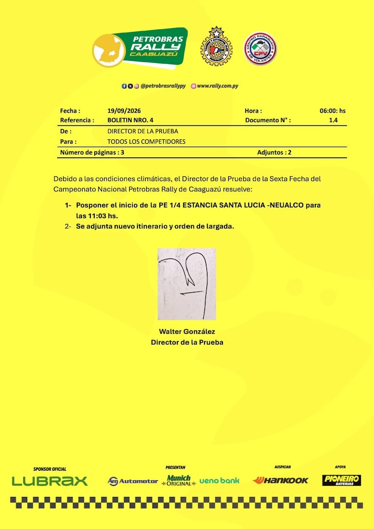 Boletín No. 4, suscrito por el Director de la Prueba, Walter González Locatti.
