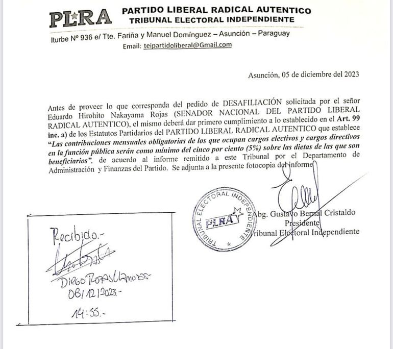 Nota remitida por el Tribunal Electoral Independiente del PLRA.