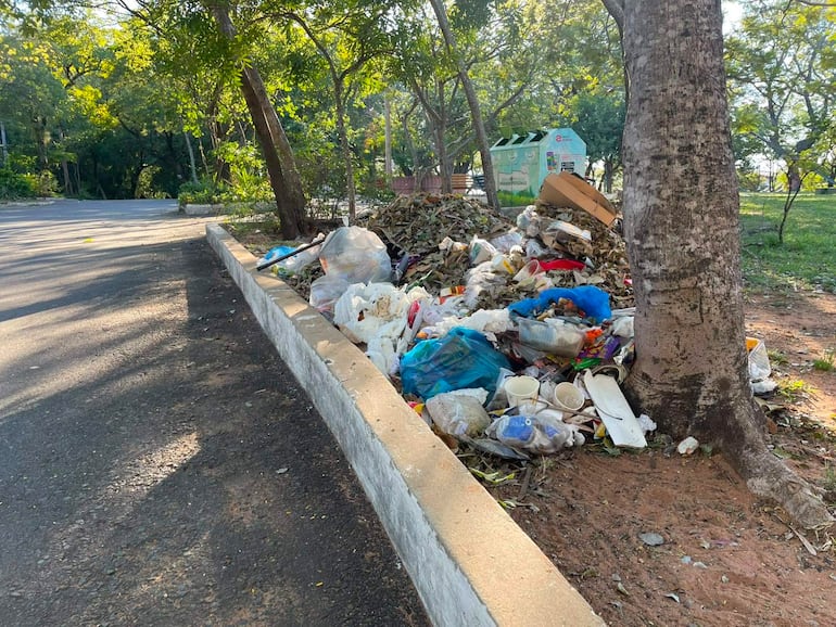 Montón de basura acumulada en el Parque Carlos Antonio López, rodeado de vegetación y sin presencia de personas.