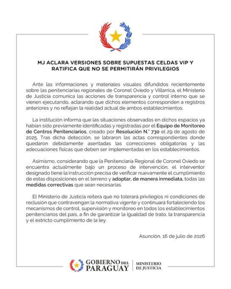 Documento oficial del Ministerio de Justicia con logo, abordando aclaraciones sobre supuestas condiciones en cárceles paraguayas.