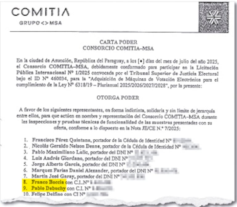 Nota presentada en julio del año pasado por el Consorcio Comitia MSA para la primera licitación.