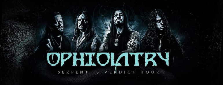 Cuatro hombres con tatuajes y cabello largo, luciendo serios, junto a un fondo oscuro con el texto promocional de la gira.