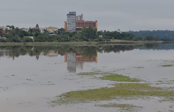 Entorno natural junto a un arroyo, reflejando edificaciones de colores variados en un ambiente tranquilo y deshabitado.