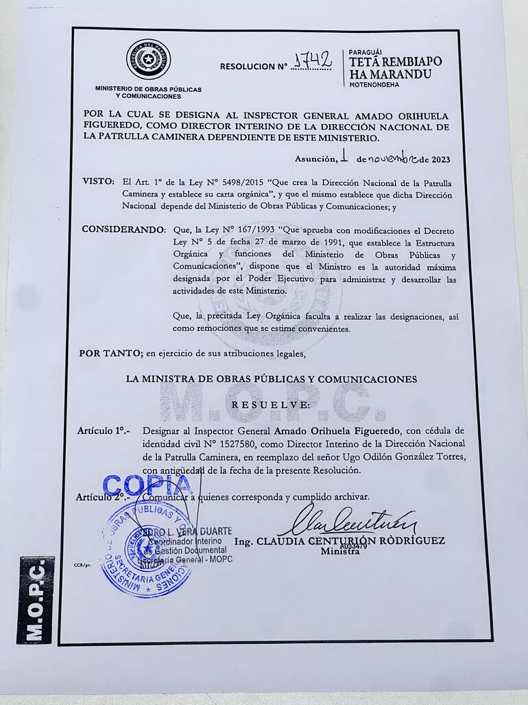 Amado Orihuela Figueredo es designado como nuevo director interino de la Dirección Nacional de la Patrulla Caminera.