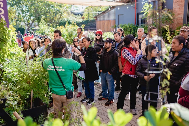 Presentador de espaldas con camiseta verde señala plantas, mientras un grupo mira atento en un ambiente al aire libre y luminoso.