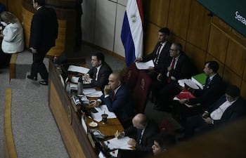 Bachi Nuñez en traje oscuro con corbata roja, discutiendo con otros senadores en un ambiente formal.