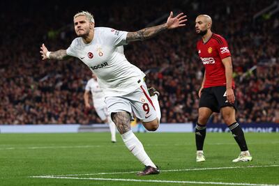 TOPSHOT - Galatasaray's Argentine forward #09 Mauro Icardi celebrates scoring the team's third goal during the UEFA Champions league group A football match between Manchester United and Galatasaray at Old Trafford stadium in Manchester, north west England, on October 3, 2023. (Photo by Darren Staples / AFP)
