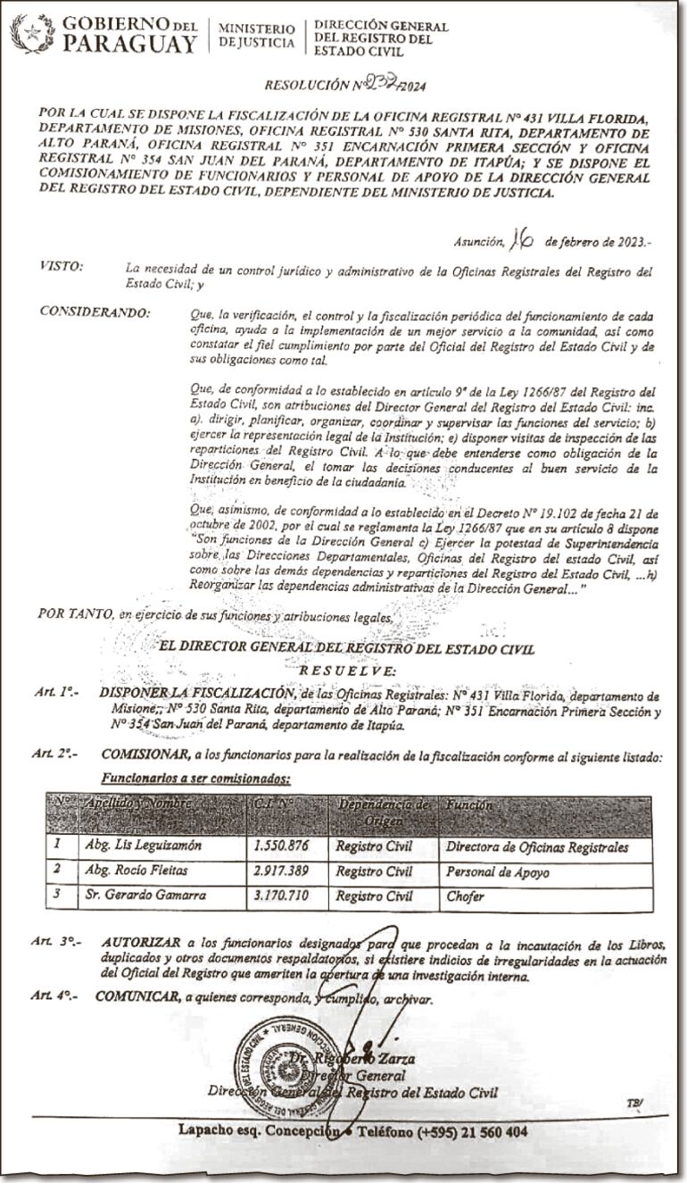Resolución 232 del 16 de febrero último, que indica la función que cumplirá Rocío Fleitas, quien tendría lazos muy cercanos con Barchini.