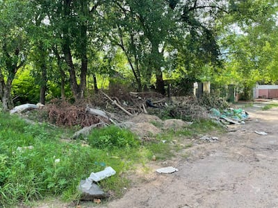 Entorno natural degradado en barrio Itay, con césped crecido y desechos de plásticos y ramas en el suelo.