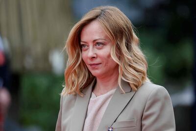Italy's Prime Minister Giorgia Meloni arrives for the European Political Community (EPC) summit, in Tirana on May 16, 2025. (Photo by Ludovic MARIN / AFP)