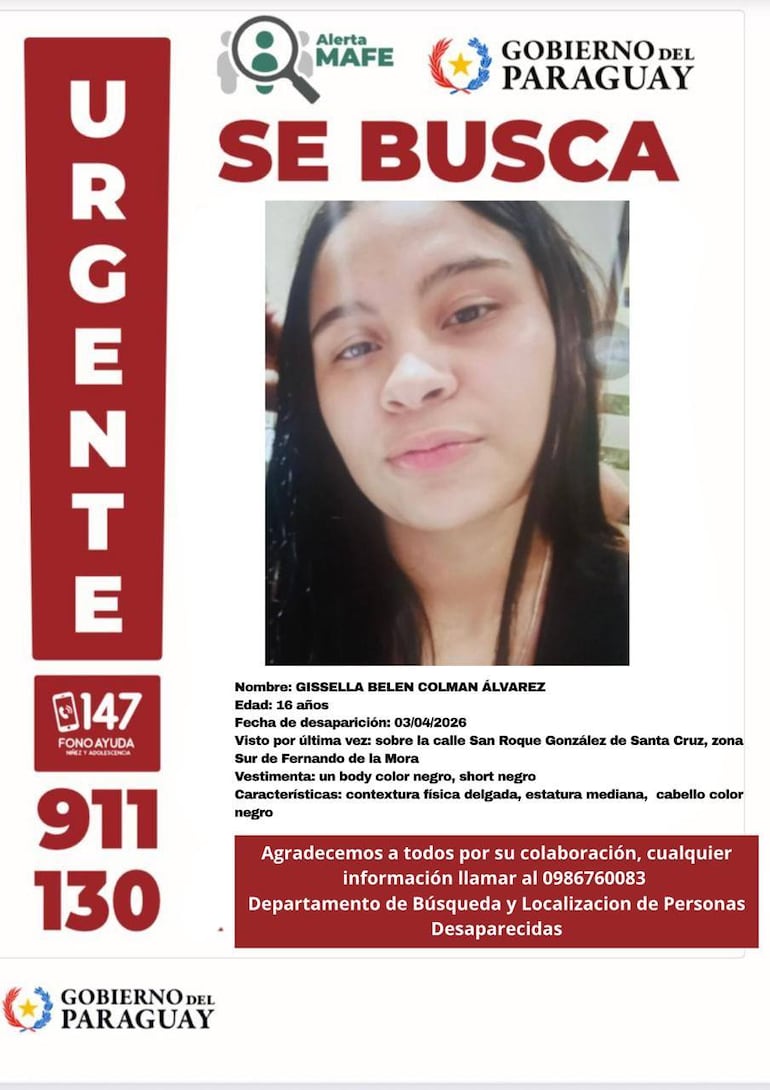 Alerta MAFE: buscan a joven de 16 años desaparecida en Fernando de la Mora