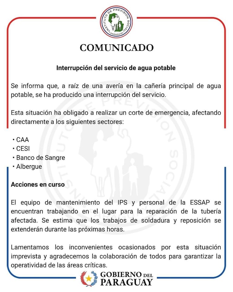 El IPS comunicó problemas con el suministro de agua potable debido a una avería en la cañería principal del Hospital Central.